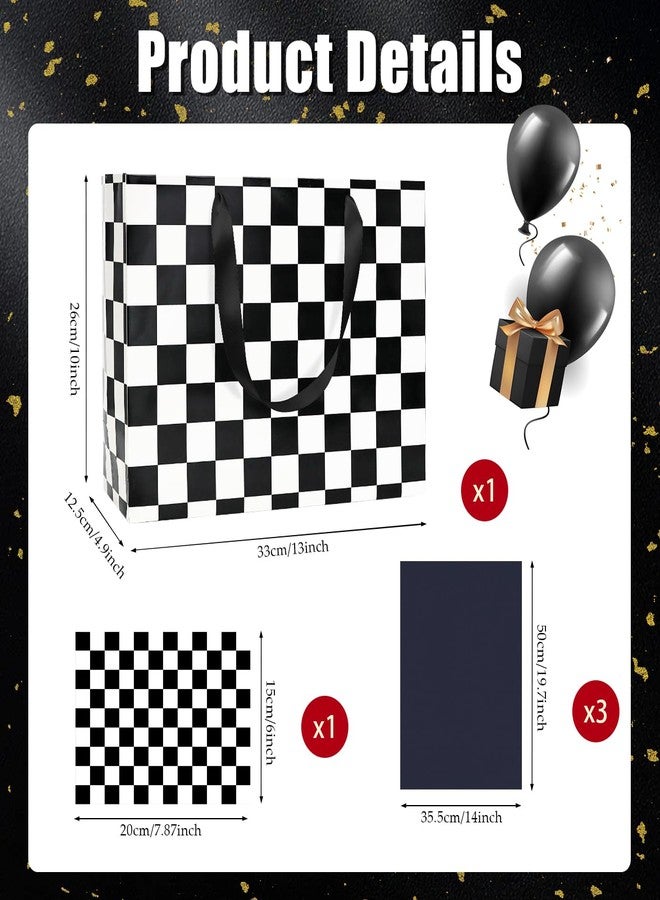 MUNILAIL 13 Inches Race Car Gift Bag Black and White Checkered Gift Bag with Handle Tissue Paper and Greeting Card for Boys Girls Birthday Racing Car Themed Party Large Paper Gift Bag - Image 2